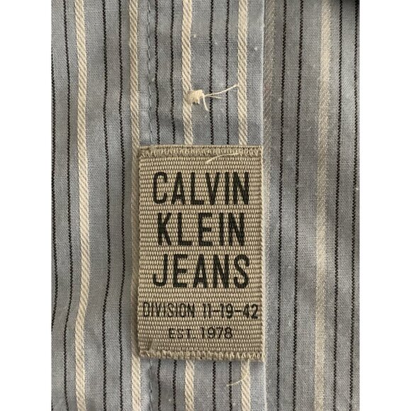 Calvin Klein Jeans Mens Button-Up Long Sleeve Shirt Blue & White Striped Medium - Picture 10 of 12